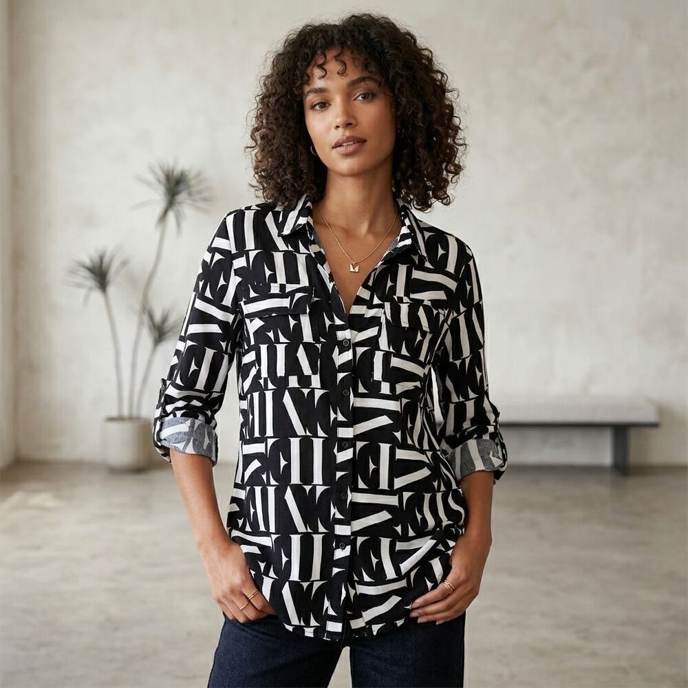 Milk & Honey Shirt Womens Large Black Rayon Button Down Roll Tab Sleeve